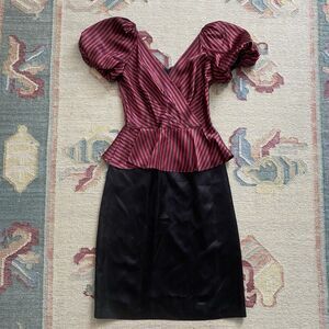 Vintage 80s Betsy’s Things Dress Satin Stripe Peplum Clowncore Puff Romantic